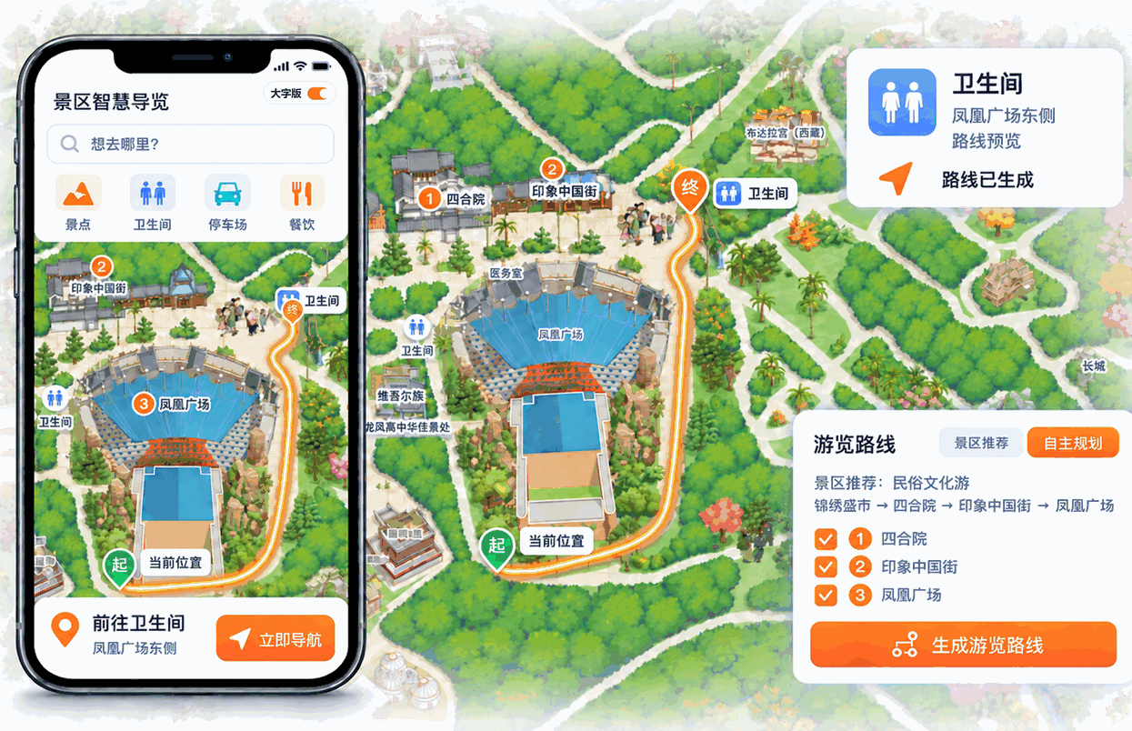 景区地图导航、目的地查询与游览路线展示